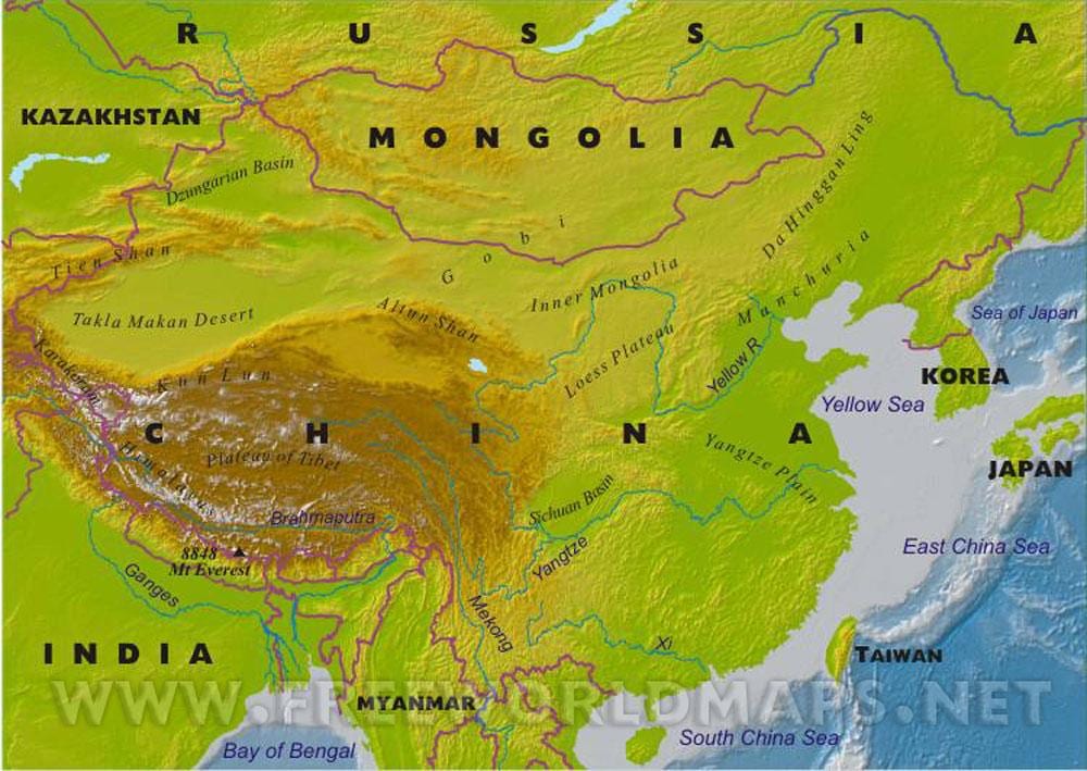 mapa Číny s geografickými rysy
