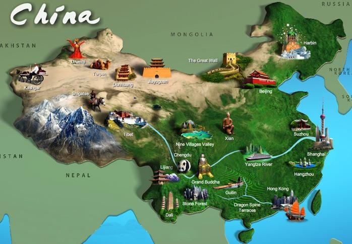mapa Číny turistických atrakcí