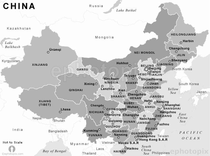mapa Číny černé a bílé