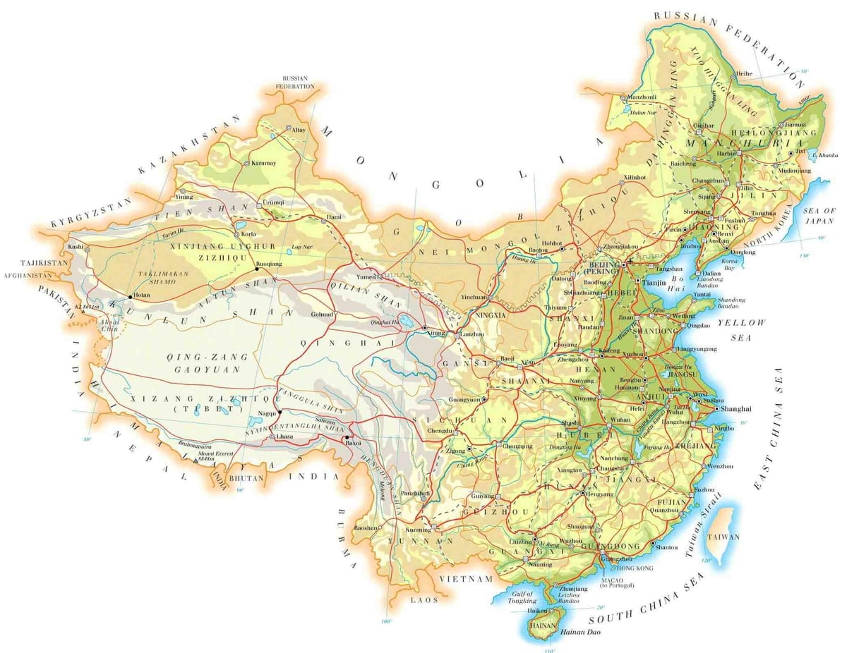 Čína mapa topografie