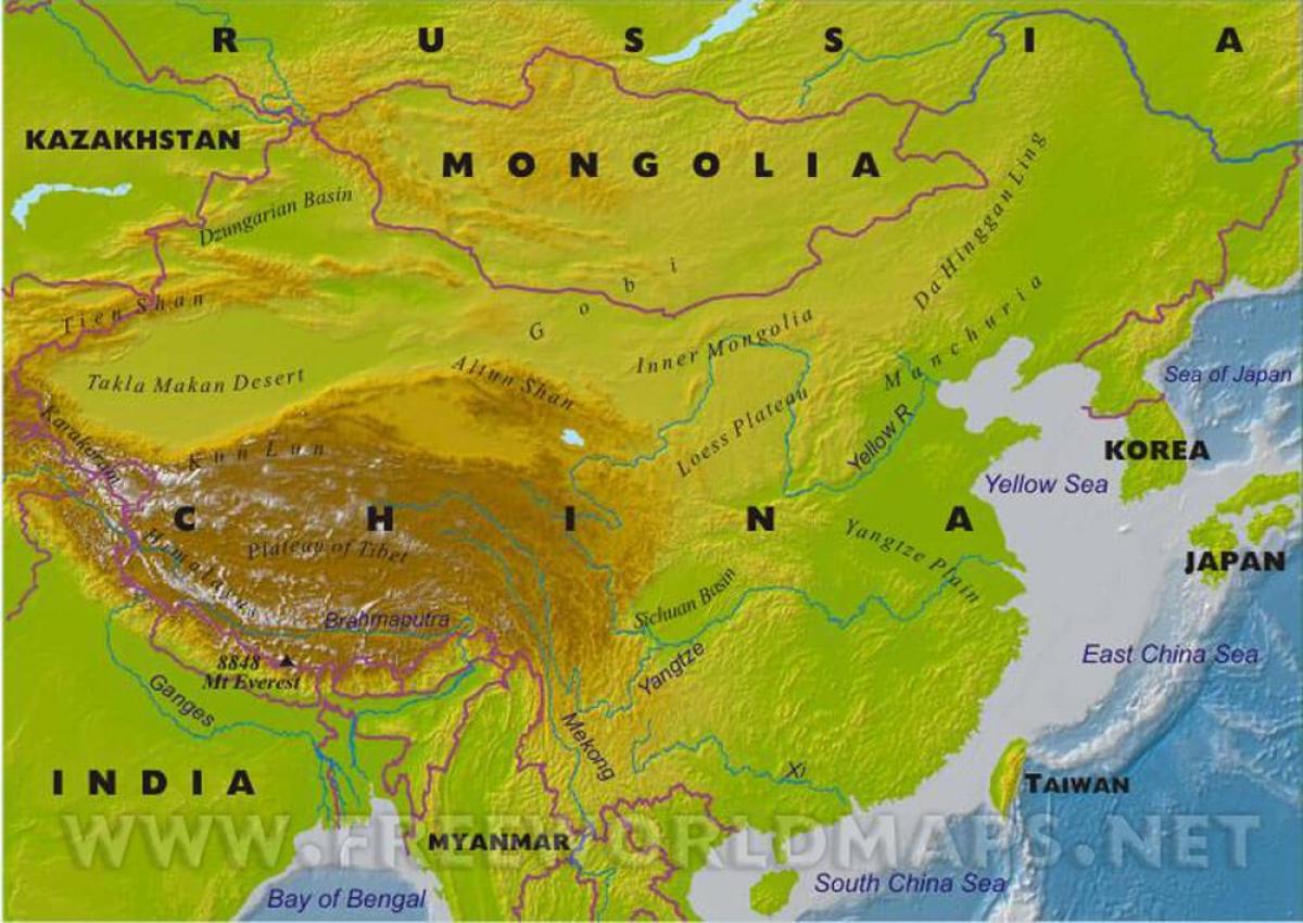 Čína mapa fyzické